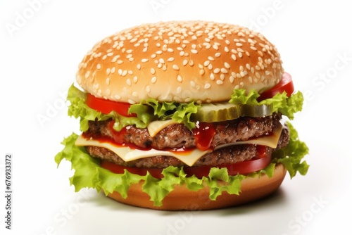 Mouthwatering Gourmet Double Cheeseburger with Fresh Ingredients on a Clean White Background