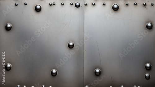 weathered and brushed stainless metal sheet with rivets and rusty smudges background © Christopher
