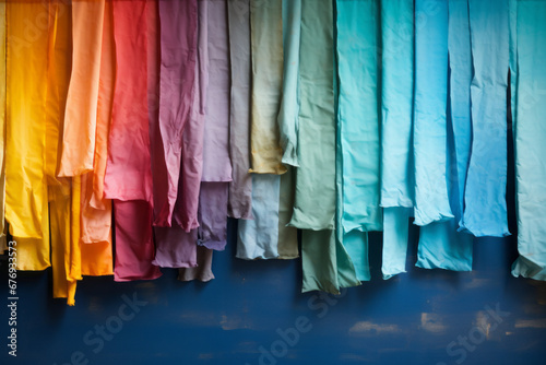 Hand, traditional fabric dyeing. Colorful fabric that dries.