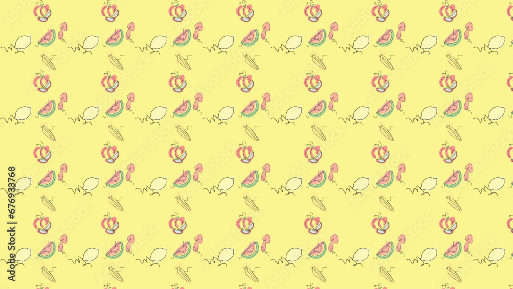 Seamless pattern with different types of fruits isolated on an empty yellow background