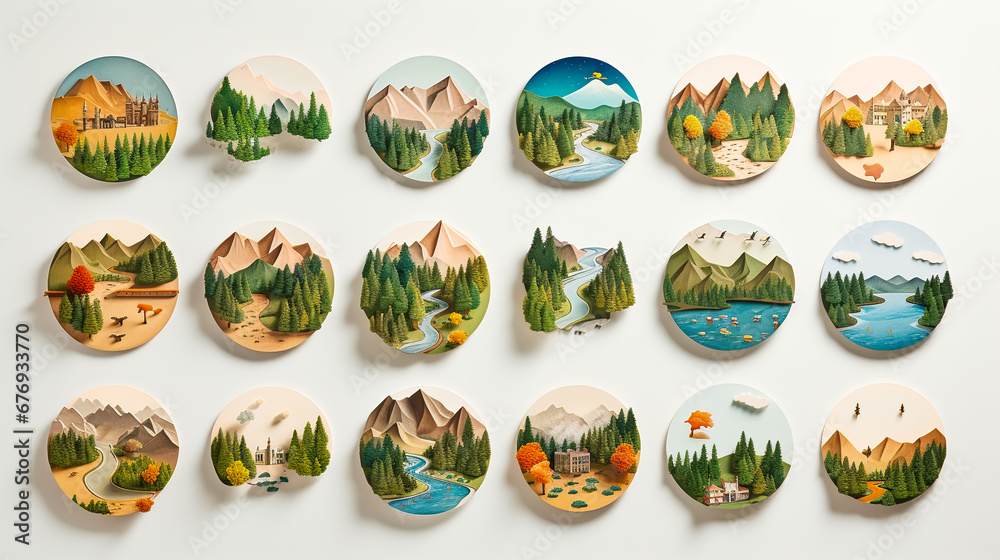 set of round icons with various landscapes set of round icons with various landscapes