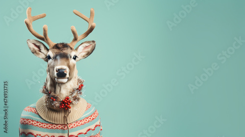deer in a knitted winter Christmas sweater. ai generative photo