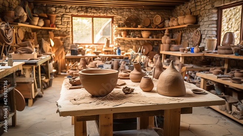 Pottery workshop, the process of modeling clay. Generation AI photo