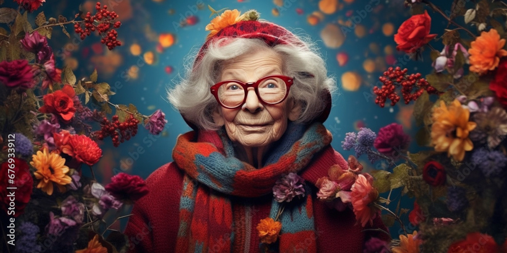 Fototapeta premium Quirky Grandmother Rocks Fashionable Glasses and Floral Crown in Playful Portrait Brimming with Eccentricity and Style, AI generated