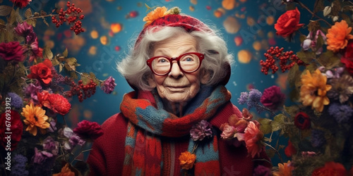 Quirky Grandmother Rocks Fashionable Glasses and Floral Crown in Playful Portrait Brimming with Eccentricity and Style, AI generated