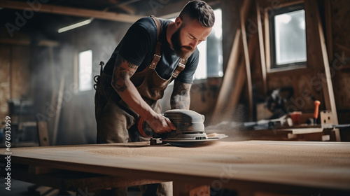 Male carpenter using sander on a piece of wood in a carpentry workshop. ai generative photo