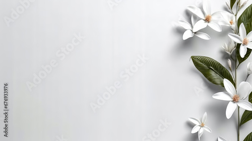 Greeting card template with white flowers on the white background. Top view, side lighting, copy space, minimalism. © milicenta