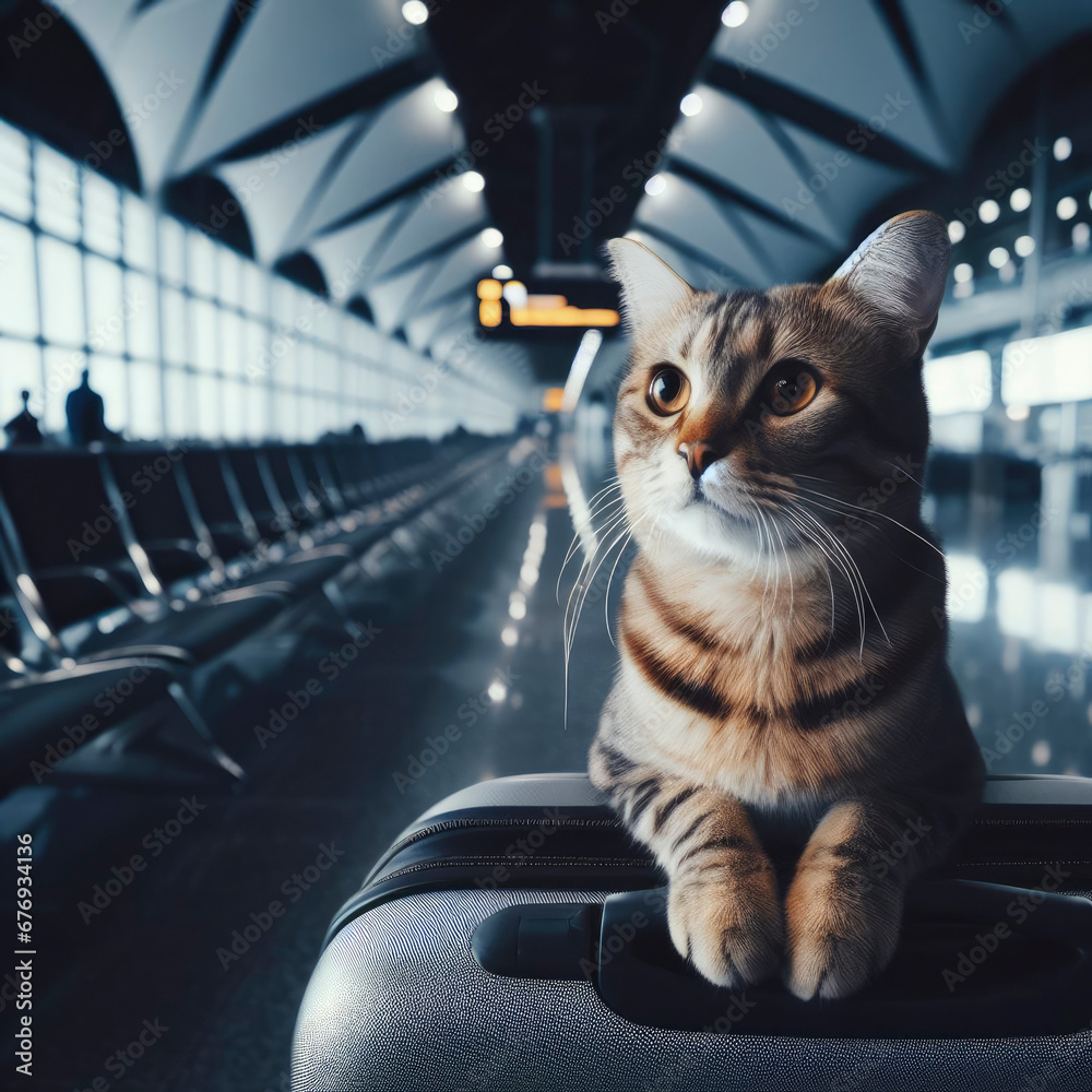 concept of traveling with animals. kitten with suitcase at the airport. ai generative concept of traveling with animals. kitten with suitcase at the airport. ai generative