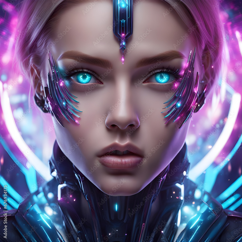 A blonde beautiful alien woman in front of a space abstract explosion A blonde beautiful alien woman in front of a space abstract explosion
