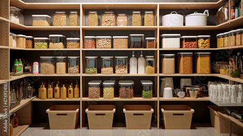 storage space in the house, management organization, home interior design, pantry, shelf and storage space for food and other things in the kitchen. ai generative