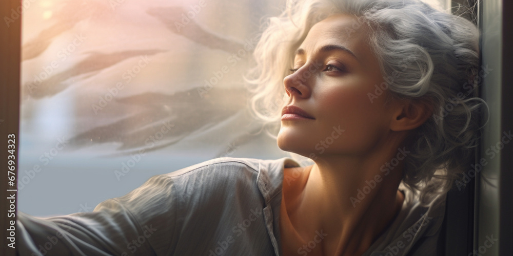 Beautiful Older Woman with Gray Hair Gazing Thoughtfully and Longingly out of a Window, Pensive Moments of Reflection and Grace, AI generated Beautiful Older Woman with Gray Hair Gazing Thoughtfully and Longingly out of a Window, Pensive Moments of Reflection and Grace, AI generated