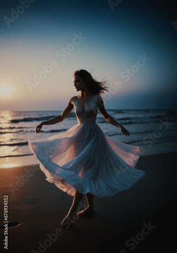 giovane donna che balla su una spiaggia deserta al tramonto, alba photo