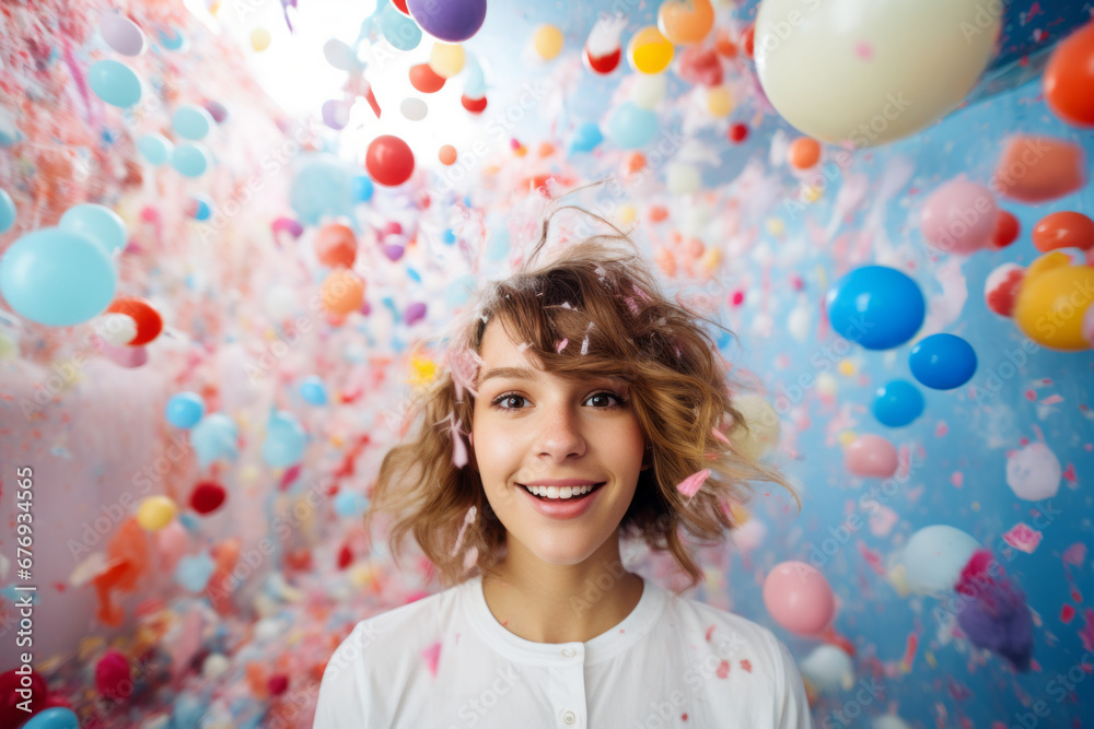 A beautiful young girl in the middle of a big celebration. Balloons, confetti, laughter, fun. Party concept.