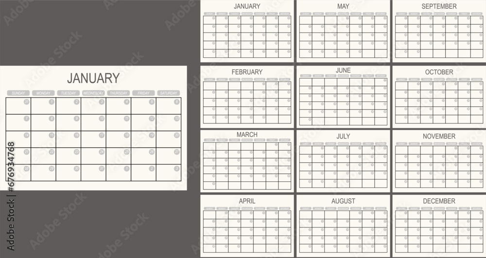 2024 year calendar template. Business, personal planner. 12 month pages. A week starts on Monday. Vector Minimalistic style