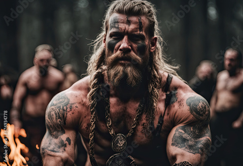 Viking Warrior in Ritualistic Tribal Gathering