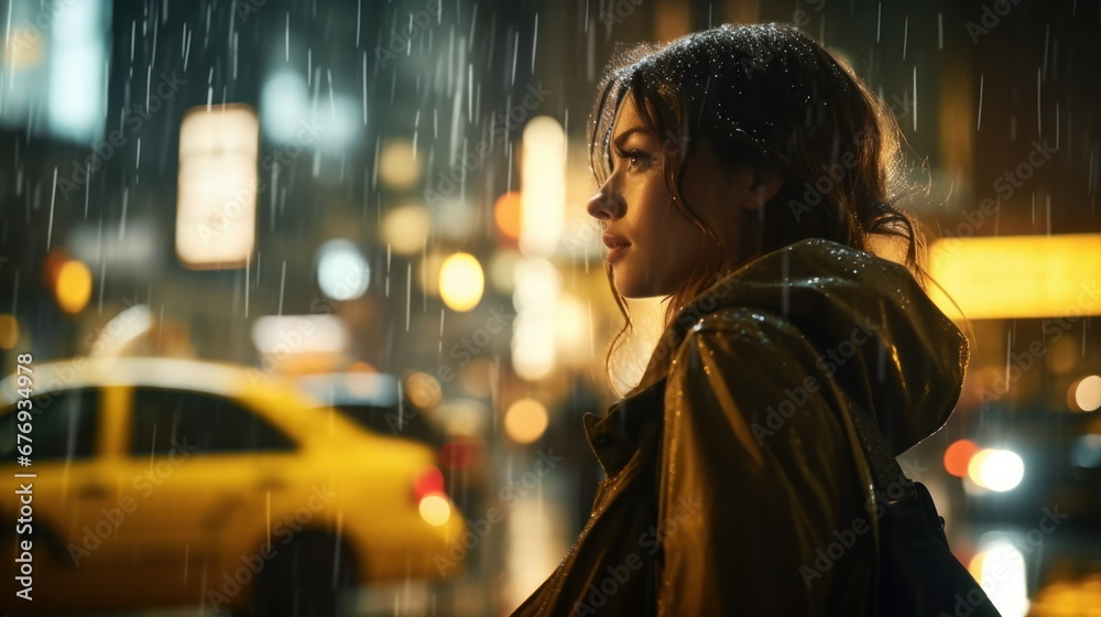 A woman waiting for a taxi alone in a rainy night. A woman waiting for a taxi alone in a rainy night.