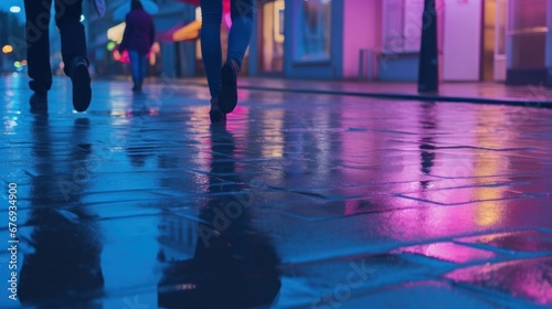 People walking on wet street at night when street lamps illuminate the night.