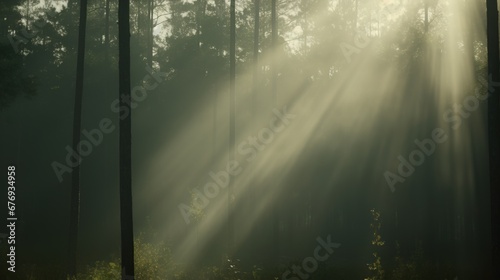 Sunbeams filtering through trees in a forest  creating a serene and peaceful atmosphere.