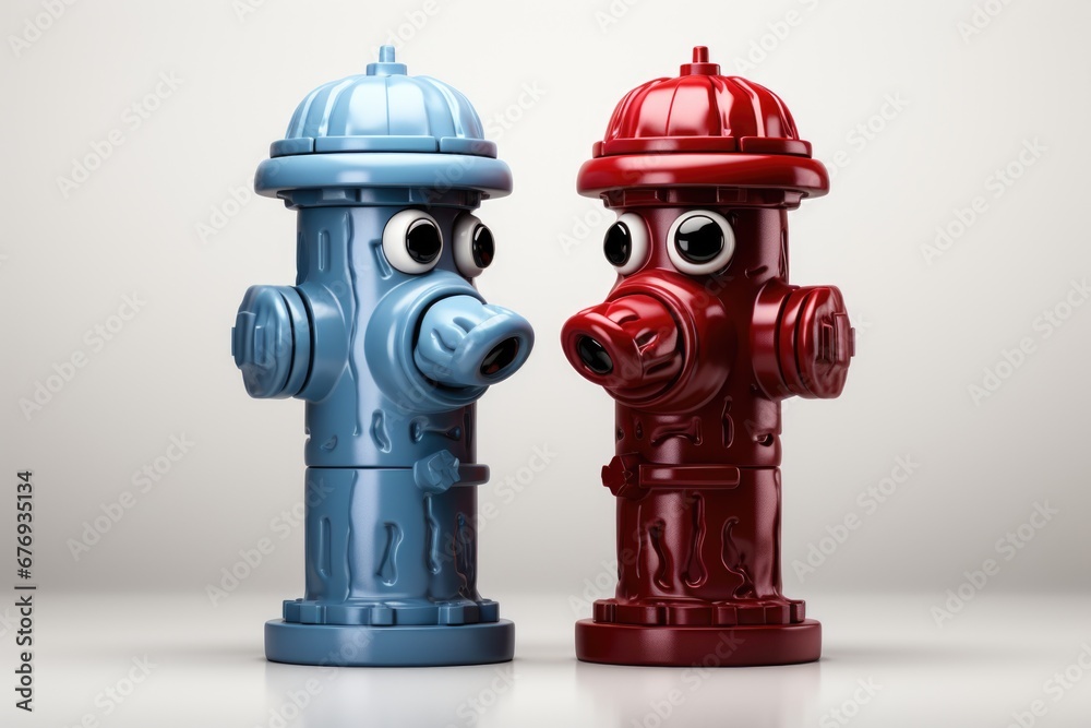 A couple of fire hydrants sitting next to each other. A couple of fire hydrants sitting next to each other.