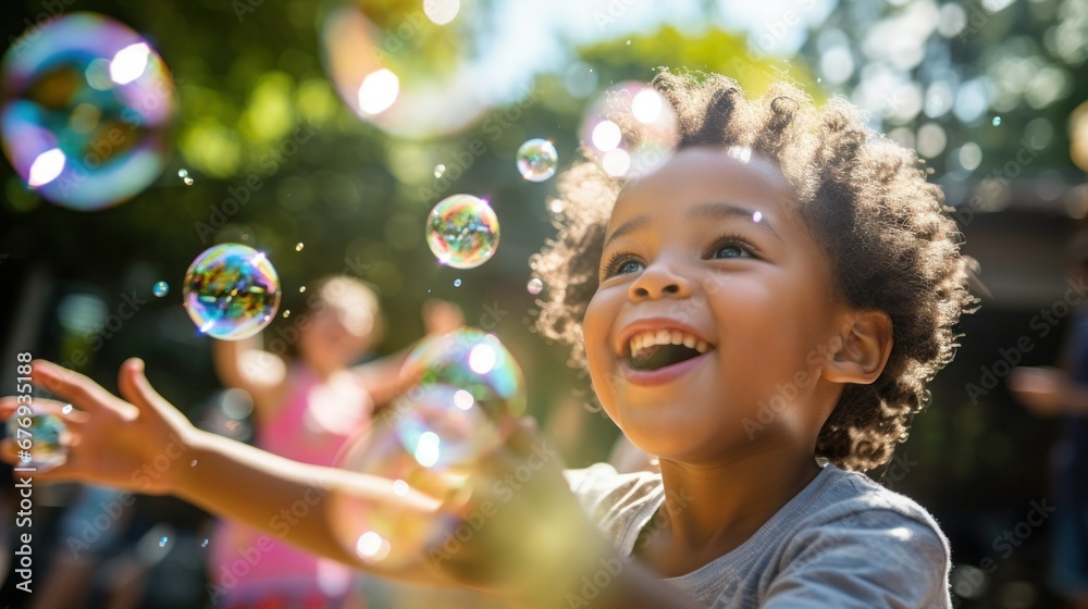 Fototapeta premium An exuberant young boy enjoys the simple pleasure of playing with soap bubbles.