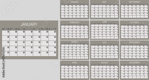 2024 year calendar template. Business, personal planner. 12 month pages. A week starts on Monday. Vector Minimalistic style