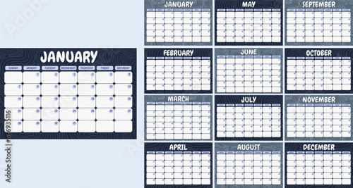 2024 year calendar template. Business, personal planner. 12 month pages. A week starts on Monday. Vector Cartoon style blue colour pattern