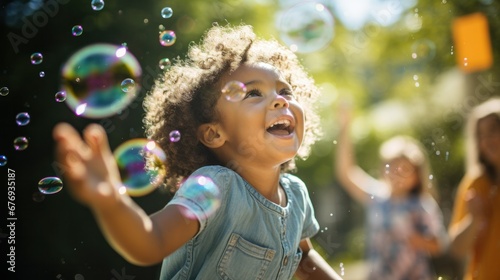 A young girl joyfully blows soap bubbles, creating a magical moment of playfulness and wonder.