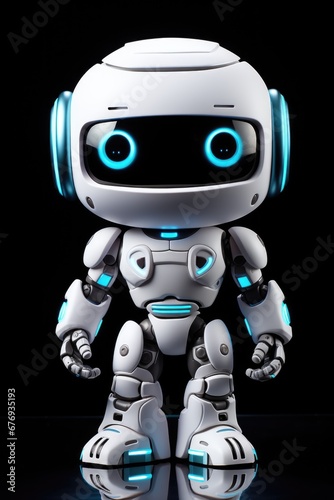A white robot with blue eyes standing in front of a black background.
