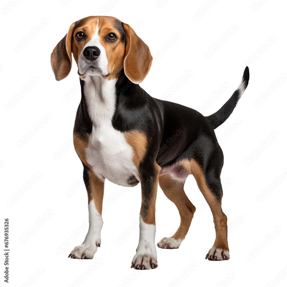 Beagle dog stands in full profile with tri-color coat, ears drooping, and tail up, all rendered against a transparent backdrop.