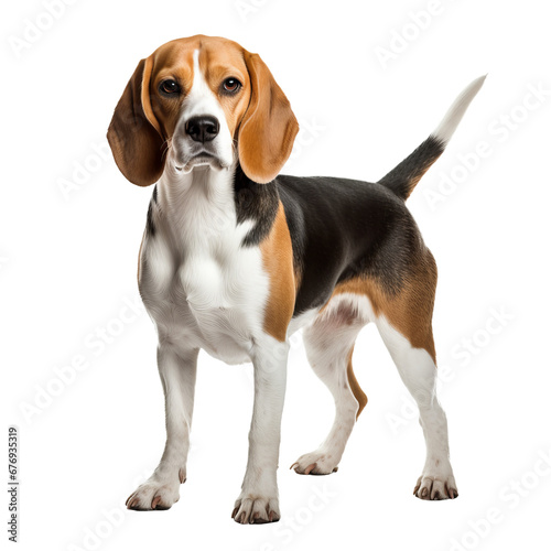 A Beagle dog depicted in full body view against a transparent backdrop, showcasing its tri-colored coat and distinctive hound features.