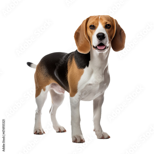 Beagle dog depicted in full body, standing side profile, ears drooping, on a clear transparent background.