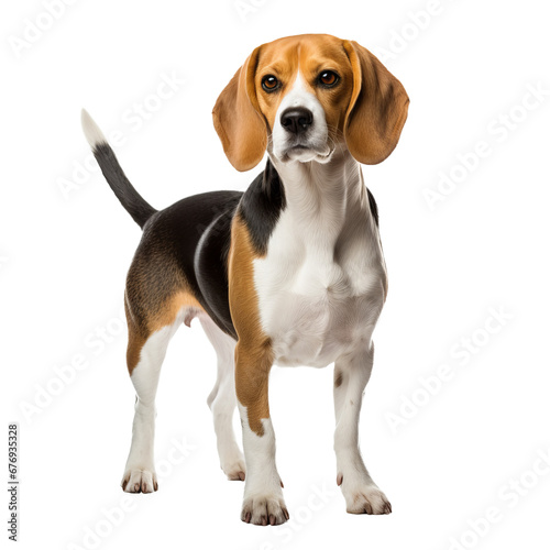 Beagle dog in full stance, ears perked, tail up, displaying its tri-color coat, isolated on a clear transparent background.