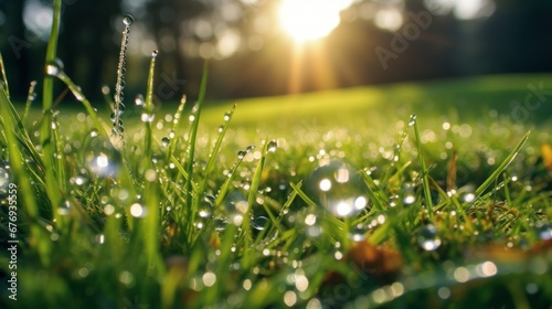 Green grass with dew drops glistening in the sunlight, creating a refreshing and vibrant scene of nature's beauty.