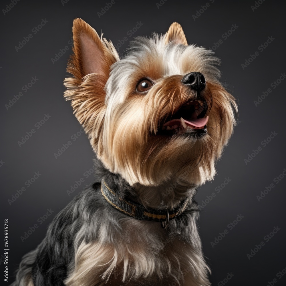 A close up of a yorkshire terrier dog with a collar on.
