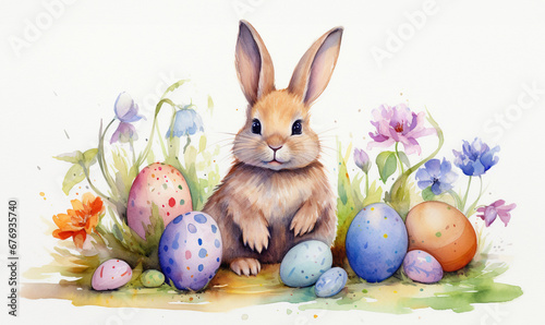 happy easter day cad template cute rabbit eggs watercolor