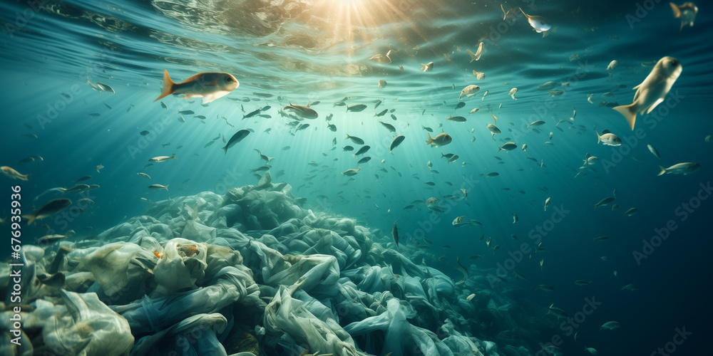 Fototapeta premium Environmental disaster fish swim among plastic in the sea