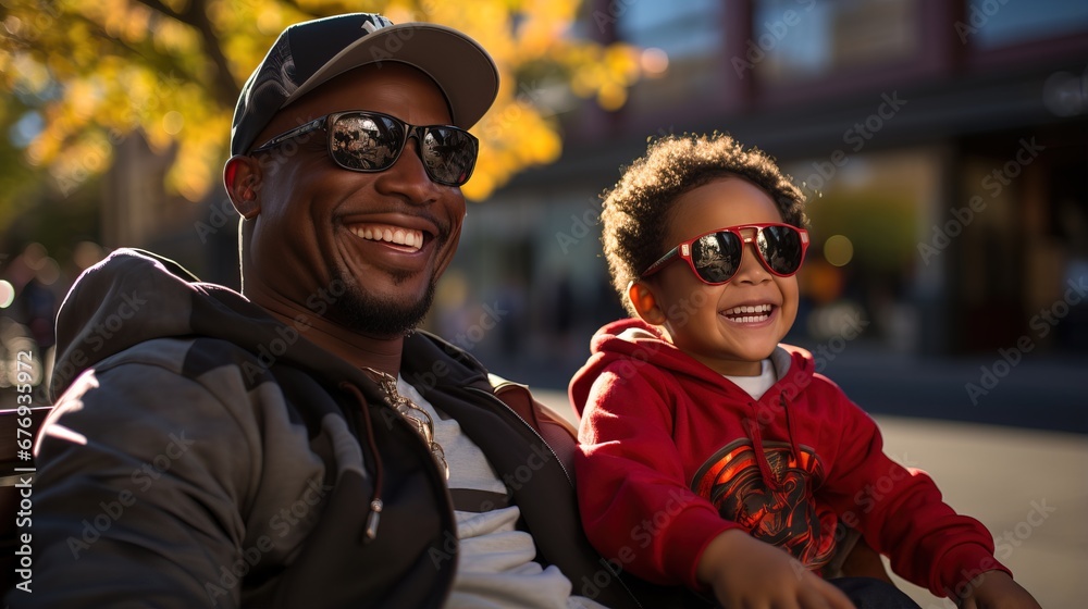 A father and son wearing sunglasses, smiling in the sun on a street. A father and son wearing sunglasses, smiling in the sun on a street.