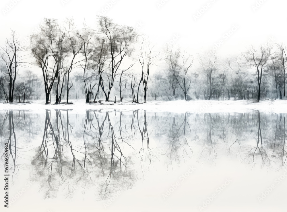 White snowy lake surface with trees silhouette in the background. White snowy lake surface with trees silhouette in the background.