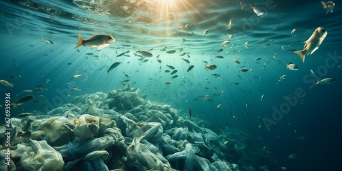 Environmental disaster fish swim among plastic in the sea