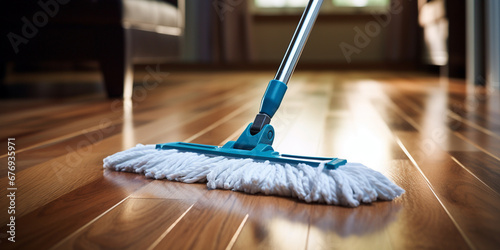 Close-up of a mop on a parquet floor in a room. Cleanliness and cleaning of the house photo