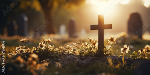 cross and flowers in the cemetery, loss of loved ones photo
