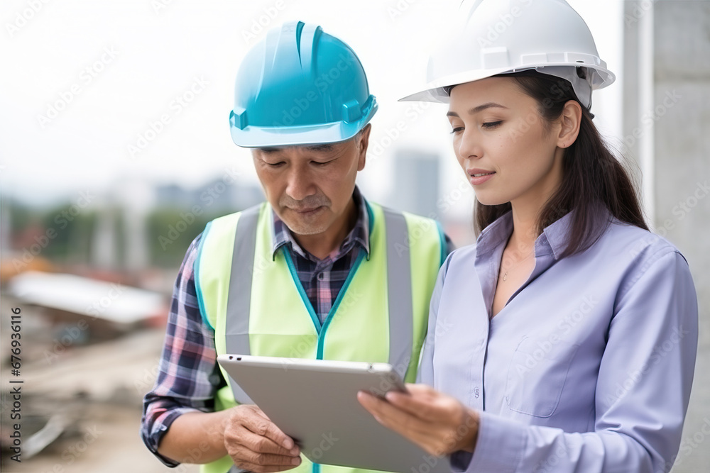 Engineer Supervising Construction Site with Man, Woman, and Tablet Engineer Supervising Construction Site with Man, Woman, and Tablet