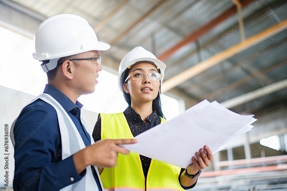 Supervising Engineer Examines Blueprint with Man and Woman in Hardhats Supervising Engineer Examines Blueprint with Man and Woman in Hardhats