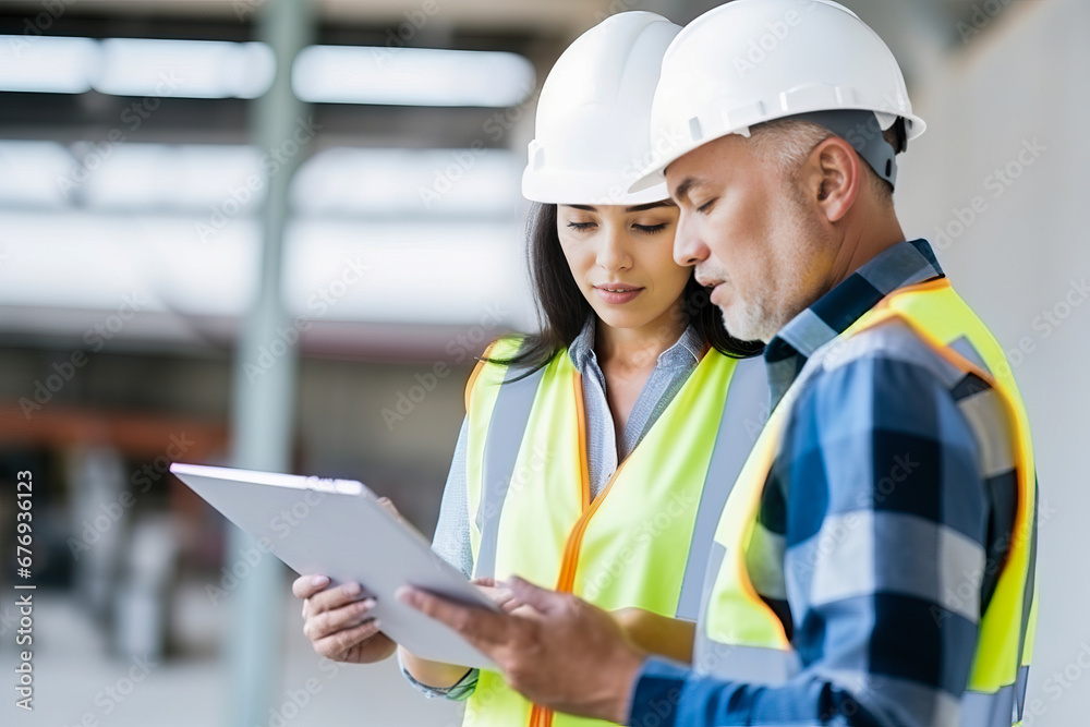 Engineer Supervising Construction Site with Man, Woman, and Tablet Engineer Supervising Construction Site with Man, Woman, and Tablet