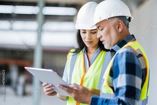 Engineer Supervising Construction Site with Man, Woman, and Tablet