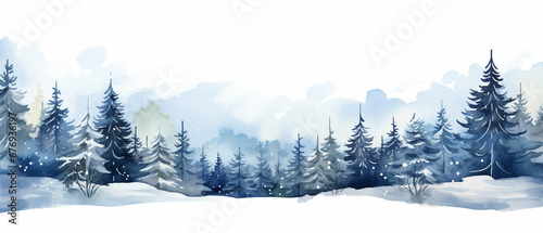 Watercolor background drawn landscape of foggy forest Wild nature, frozen, misty, taiga. Mountain slope foggy forest. Generative ai © Lana Vers