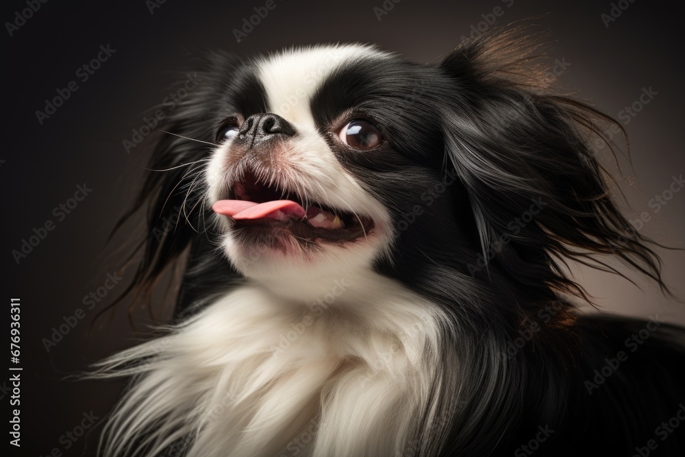 A black and white dog sticking its tongue out. Happy Japanese Chin dog.
