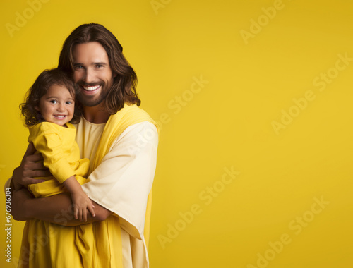 Jesus holding a cute little girl in his arms - Guiding the Young - Jesus Teachings on Childlike Faith -Faith Like a Child - yellow background