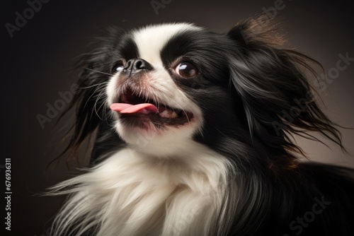 A black and white dog sticking its tongue out. Happy Japanese Chin dog.