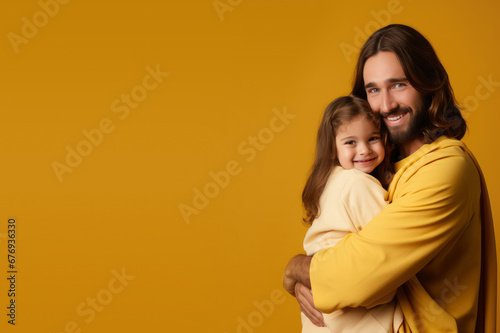 Happy Jesus Christ and little girl, Nurturing Faith - Jesus Lessons with Children - Faith Like a Child - Yellow background